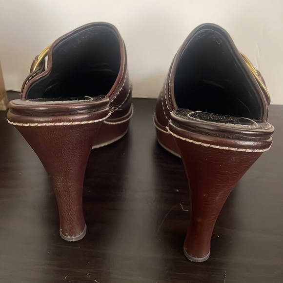 Authentic leather buckle Coach chocolate wedges. 4-1/2 inch heel. 1inch platform - Picture 3 of 7